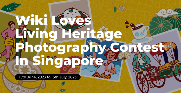 Plakat für den 'Wiki Loves Living Heritage Photography Contest in Singapore' mit Bildern von Menschen, einem Rikscha, einer Tasse mit Untertasse und anderen Gegenständen.