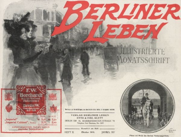 Alte deutsche Zeitungsanzeige für "Berliner Leben" zeigt eine belebte Stadtkulisse mit Menschen, hohen Gebäuden, einer Brücke und fettem schwarzem Text.