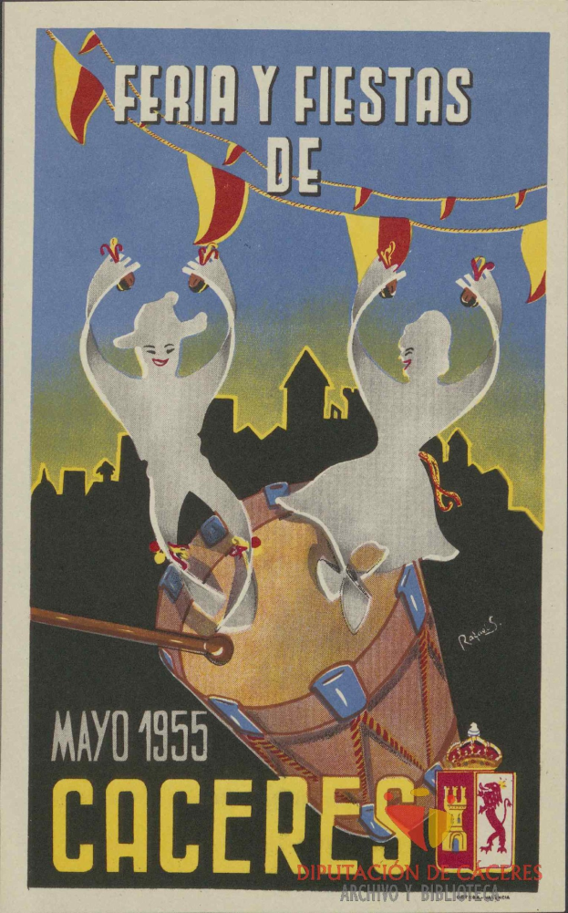 Buntes Plakat für die Feria y Fiestas de Cáceres-Karnival in Spanien, mit traditionellen Kostümen, einem gelben Hintergrund und fetter schwarzer Schrift.