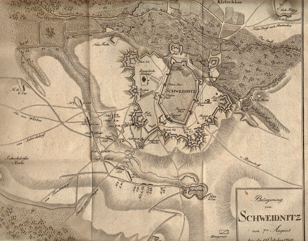 Ein detaillierter alter Stadtplan von Schweidnitz, Deutschland, der Stra├čen, Geb├Ąude, Landmarken und Text zeigt und Informationen ├╝ber die Bev├Âlkerung, Geschichte und Kultur der Stadt liefert.