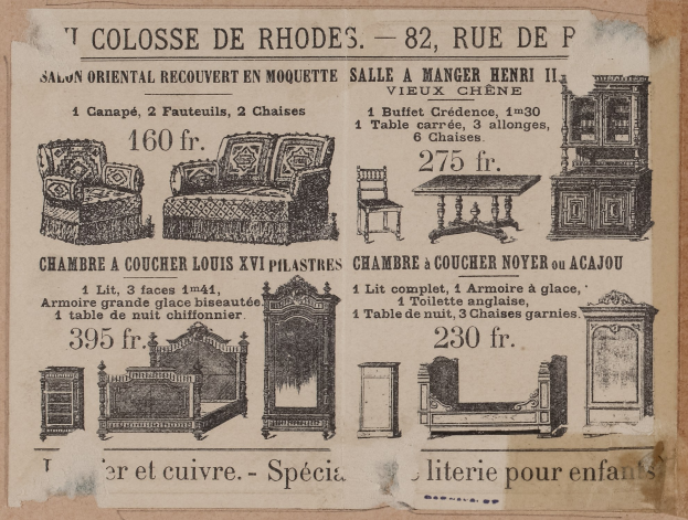 Schwarz-weiß-Anzeige für ein Möbelgeschäft mit Bildern von einer Couch, einem Stuhl und einem Tisch daneben.