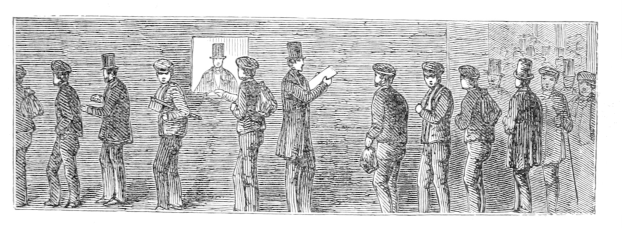 Schwarz-weißes Gravur von Menschen in einer Reihe, einer haltend ein Papier, das eine Wahlkabine darstellt.