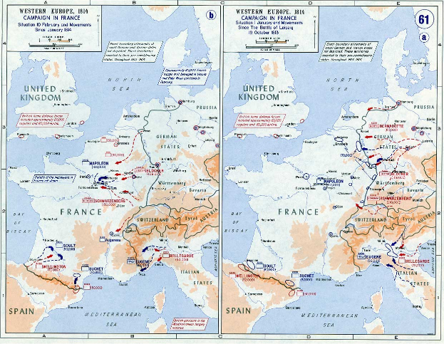 Eine historische Karte von Europa während der Schlacht von Leipzig, unterteilt in Regionen mit beschrifteten Städten und geografischen Merkmalen, begleitet von erklärendem Text.