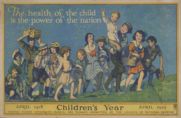 Plakat mit der Aufschrift "Die Gesundheit des Kindes ist die Kraft der Nation", das eine Gruppe von Kindern mit Körben zeigt und die Bedeutung der Kindergesundheit und nationalen Stärke betont.