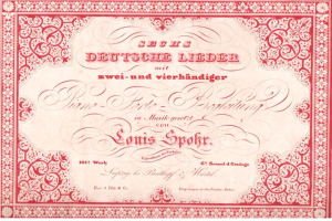 Altes deutsches Aktienzertifikat mit rotem Rand und weißem Hintergrund, betitelt "Louis Spohr - Zweites Deutsches Lieder".