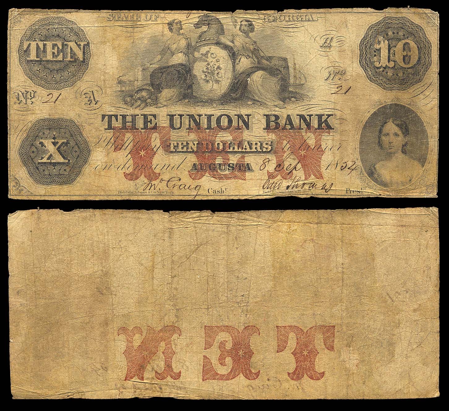 Alte Zehn-Dollar-Note der Union Bank aus dem Jahr 1862 mit einem Porträt einer Frau in einem Kleid mit einem Dutt, ernster Gesichtsausdruck, auf einem schwarzen Hintergrund mit großer weißer "Union Bank"-Schrift.
