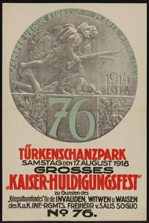 Plakat zum 70-jährigen Jubiläum des Kaiser-Huldigungsfestes in Berlin, Deutschland, mit einer Gruppe von Menschen, die von Text und Zahlen umgeben ist und von einem klassischen Photo-Frame umrahmt wird.