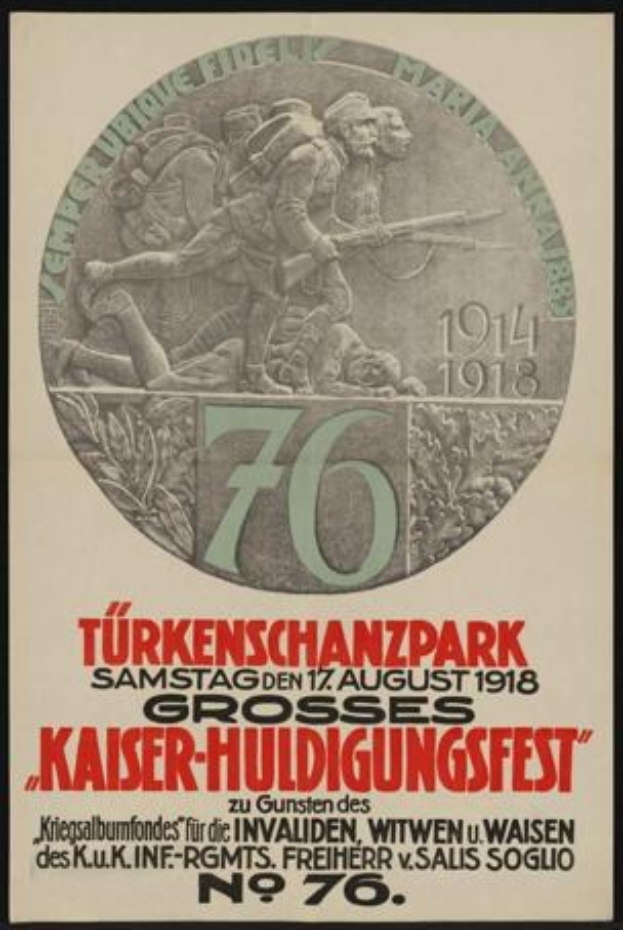 Plakat zum 70-jährigen Jubiläum des Kaiser-Huldigungsfestes in Berlin, Deutschland, mit einer Gruppe von Menschen, die von Text und Zahlen umgeben ist und von einem klassischen Photo-Frame umrahmt wird.