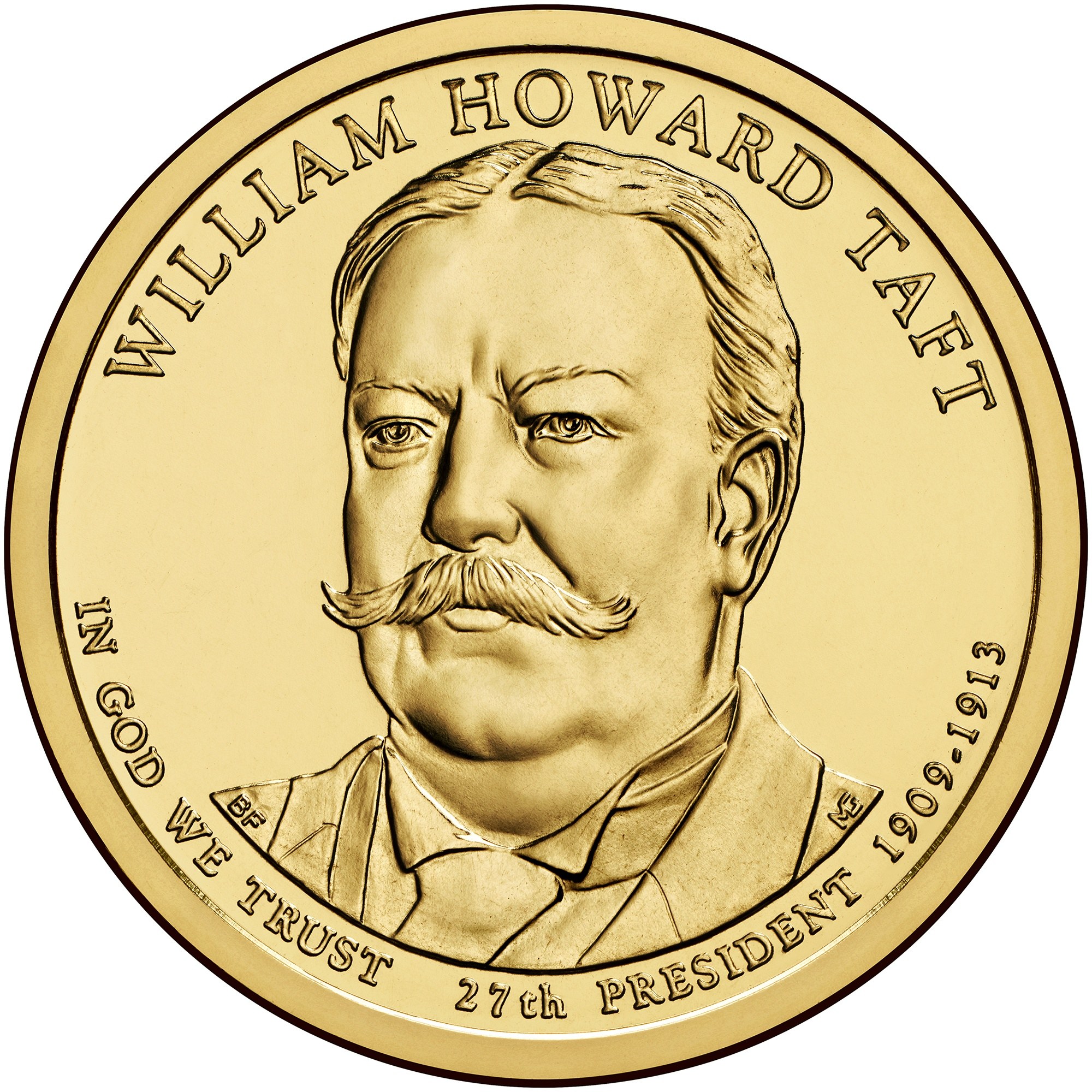 Goldmünze mit einem Porträt von William Howard Taft, beschriftet mit "Präsident der Vereinigten Staaten", auf einem weißen Hintergrund.