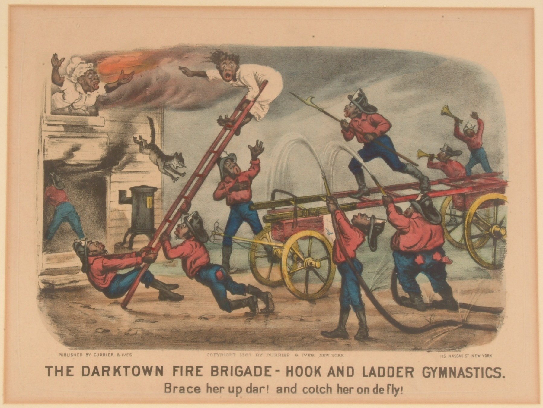 Plakat mit der Aufschrift 'The Darktown Fire Brigade - Hook and Ladder Gymnastics', das Menschen zeigt, die Leitern und andere Gegenstände halten, mit einem Pferdewagen im Hintergrund.