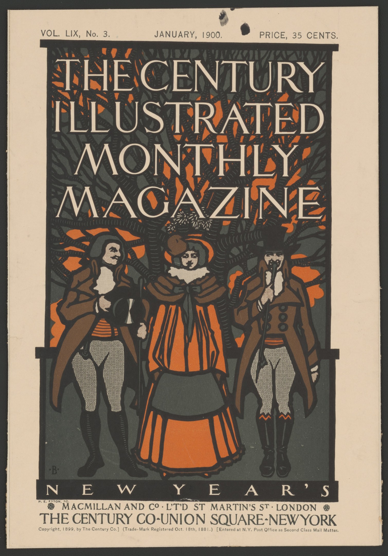 Schwarzer Plakat für 'The Century Illustrated Monthly Magazine, Januar 1900' mit einem dekorativen Rahmen, das Menschen in historischer Kleidung einschließlich Hüten und Capes zeigt.