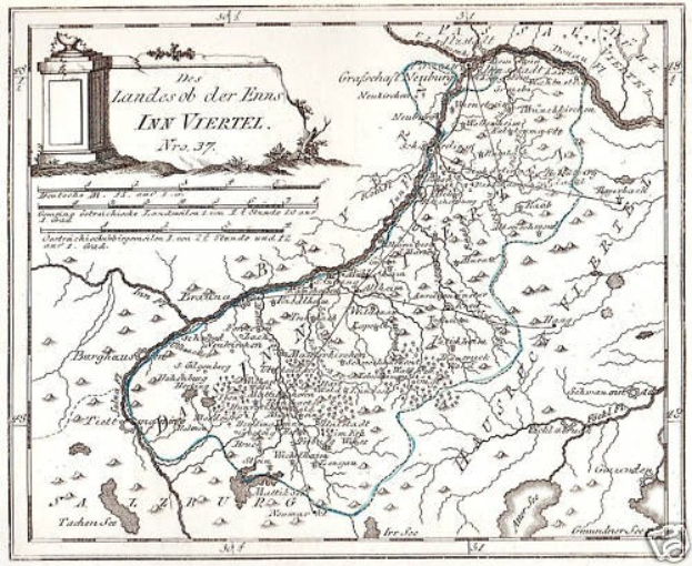 Detailierte Kartendarstellung des Rheins in Deutschland, die seinen gewundenen Verlauf durch die Region zeigt, mit beschrifteten Landmarken und geografischen Merkmalen, begleitet von Text und einem Bild einer Säule.