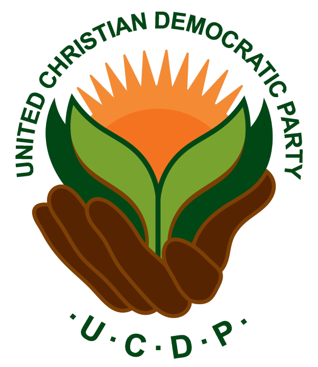 Logo der Vereinigte Christdemokraten (UCDP): eine Hand, die eine leuchtend gelbe Blume mit einem grünen Stiel und Blättern hält, mittig in einem blauen und gelben Kreis auf einem weißen Hintergrund platziert, mit der schwarzen Schrift 'UCDP' darunter.