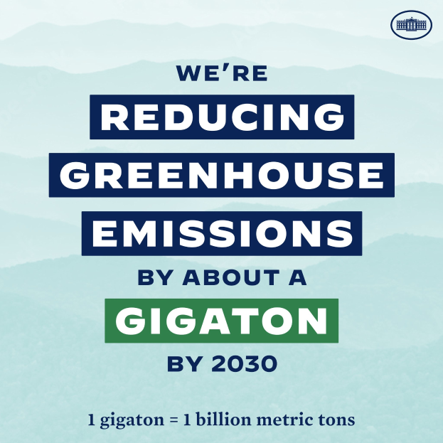 Plakat mit Text und Logo, das "Wir reduzieren die Treibhausgasemissionen bis 2030 um etwa eine Gigatonne." zeigt.