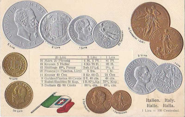 Ein Blatt Papier mit einer Reihe italienischer Münzen von 1877–1910, darunter mehrere 20-Lire-Münzen, mit Porträts und Text sowie zwei Flaggen unten, darunter die italienische Flagge.