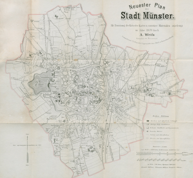Detailierte Stadtplan von Münster, Deutschland, mit Textbeschriftungen aus dem Jahr 1873.