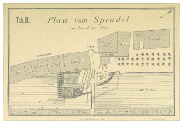 Ein Plakat mit einem detaillierten Plan von Spruidel, Deutschland, mit begleitendem Text, der die Stadt beschreibt.
