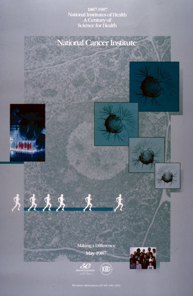 Buntes Plakat für das National Cancer Institute mit blauem Hintergrund und weißer Schrift, das einen Kreis aus überlappenden, lächelnden Bildern von verschiedenen Menschen um die fettgedruckte, großgeschriebene Überschrift zeigt.