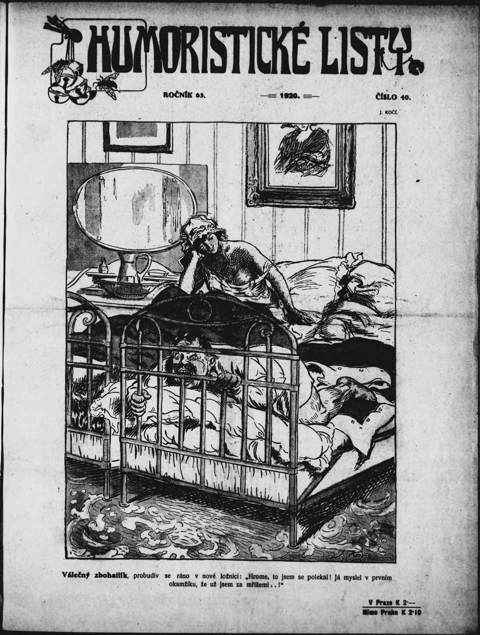 Schwarze und weiße Illustration einer Person, die auf einem Bett liegt, mit einem Spiegel auf dem Nachttisch und einem gerahmten Bild an der Wand, begleitet von Text, der "humoristicke list - czechoslovakia - april 20, 1920" oben und unten zeigt.