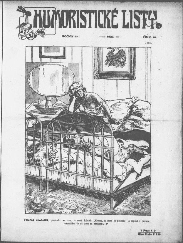 Schwarze und weiße Illustration einer Person, die auf einem Bett liegt, mit einem Spiegel auf dem Nachttisch und einem gerahmten Bild an der Wand, begleitet von Text, der "humoristicke list - czechoslovakia - april 20, 1920" oben und unten zeigt.