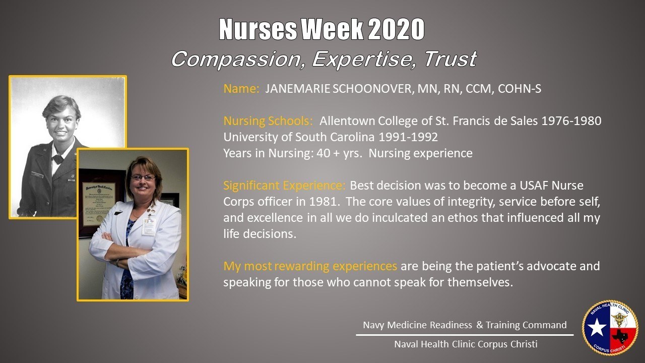 Plakat zur Nurses Week 2020 mit zwei Fotos von Pflegekräften links und dem Text "Mitgefühl, Expertise, Vertrauen" rechts sowie einem Logo unten rechts.