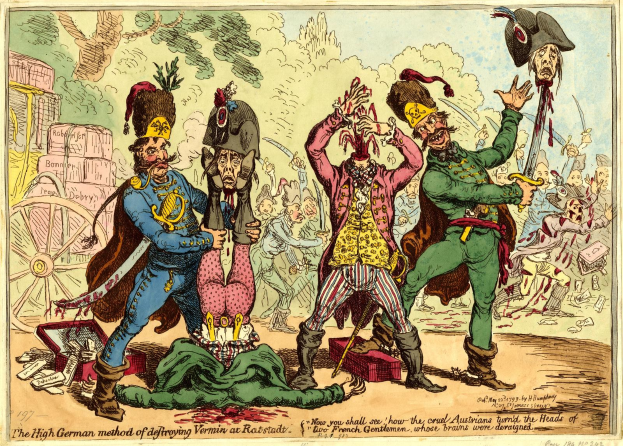 Cartoon illustration of men in military uniforms with one holding a sword, set against a background of trees and buildings, titled "The High German Method of Defroving Vermin at Ratstadt" at the bottom.