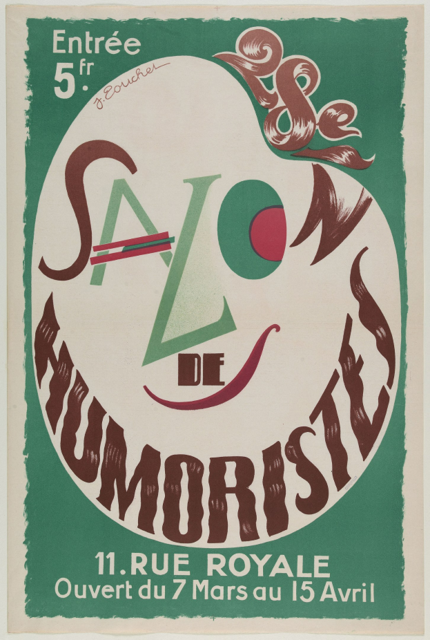 Plakat, das eine Humoristenvorführung in Paris, Frankreich, ankündigt und Text zu den Angeboten enthält.