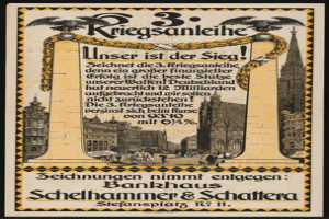 Ein gerahmtes altes deutsches Propagandaplakat für die 3. Reichsbanleihe, das eine Stadtlandschaft mit Gebäuden, Menschen und Text zeigt.