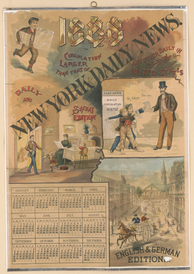 Schwarze und weiße Zeitung mit Kalender, die "New York Daily News" heißt, mit Bildern von verschiedenen Menschen und Stadtgebäuden.