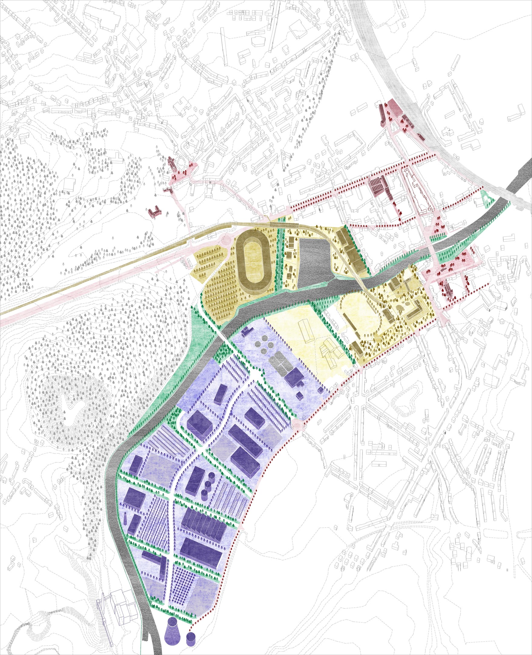 Vorgeschlagener Lageplan für die neue Stadt London auf einer bunten Stadtkarte mit beschrifteten Textfeldern oben und unten.