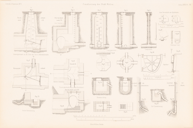 Ausführliche technische Zeichnungen verschiedener Rohre und Ventile mit begleitendem Text auf einer Buchseite.