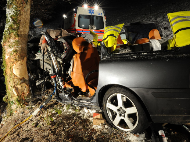 Ein verunfalltes Auto am Straßenrand mit einem im Hintergrund sichtbaren Rettungswagen, umgeben von Bäumen.