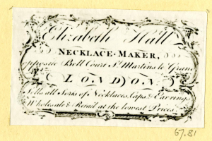 Eine alte Visitenkarte mit einem Bild eines Schmuckherstellers und einem Text, der seine Dienstleistungen beschreibt.