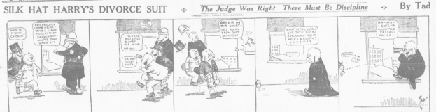 Cartoon-Illustration eines Mannes in einem schwarzen Anzug und einer Frau in einem eleganten Kleid mit ernsten Gesichtern, beschriftet mit 'Scheidungsklage.'