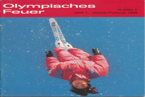 Ein Buchumschlag mit einem Skifahrer in der Luft, der einen Skianzug trägt, mit dem Text "Olympische Spiele Feuer - Heft 1 - Januar/Februar 1988" deutlich sichtbar.