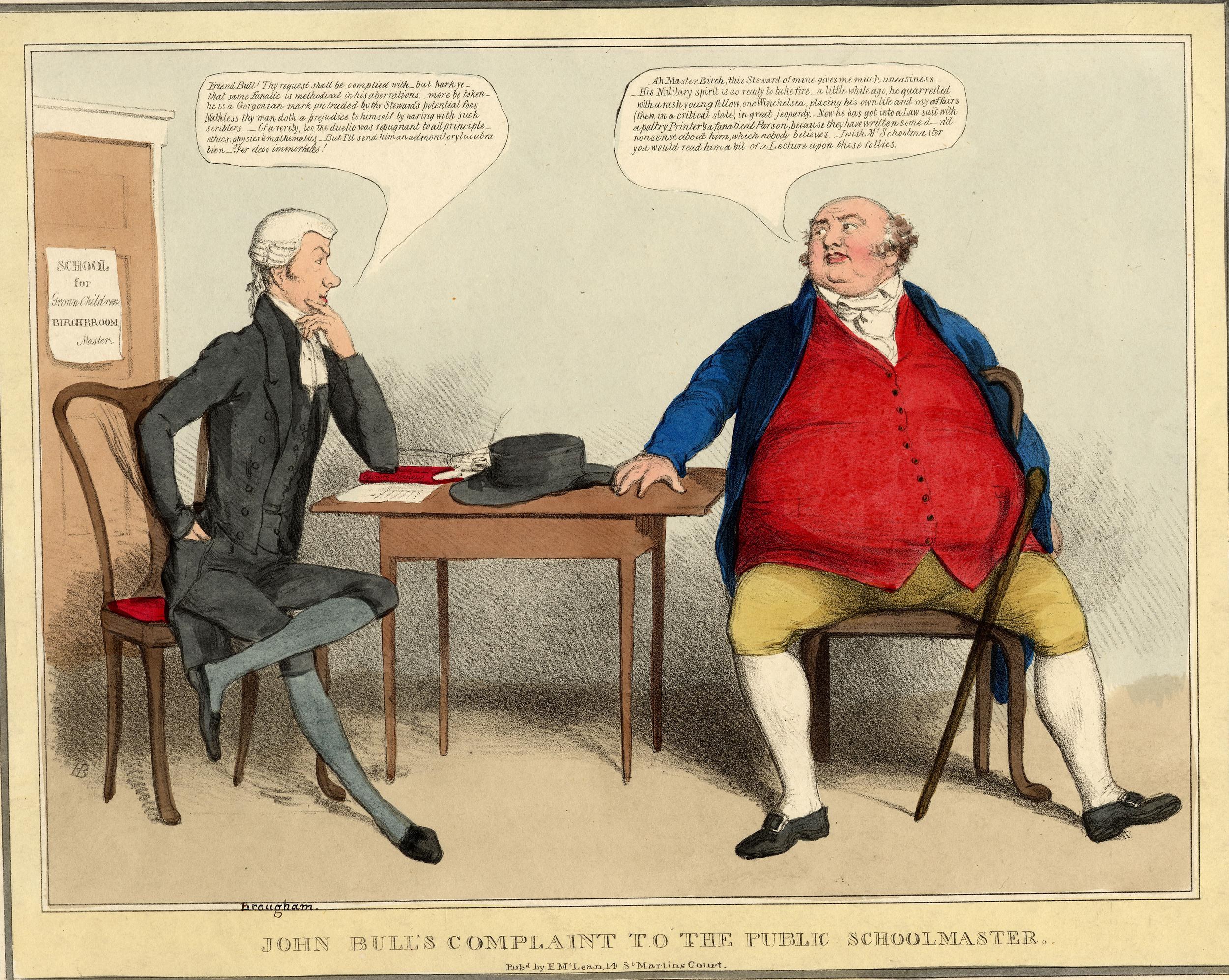 Zwei Personen sitzen einander gegenüber an einem Tisch mit einem Hut und Papieren, wobei eine Person die andere zu sprechen scheint, während im Hintergrund eine Tür und ein Papier an der Wand zu sehen sind.