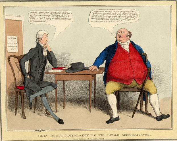 Zwei Personen sitzen einander gegenüber an einem Tisch mit einem Hut und Papieren, wobei eine Person die andere zu sprechen scheint, während im Hintergrund eine Tür und ein Papier an der Wand zu sehen sind.