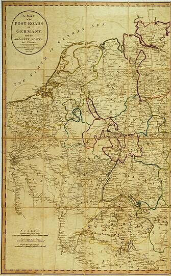 Detailierte Karte der Poststraßen Deutschlands mit beschrifteten Städten, Dörfern und geografischen Merkmalen.